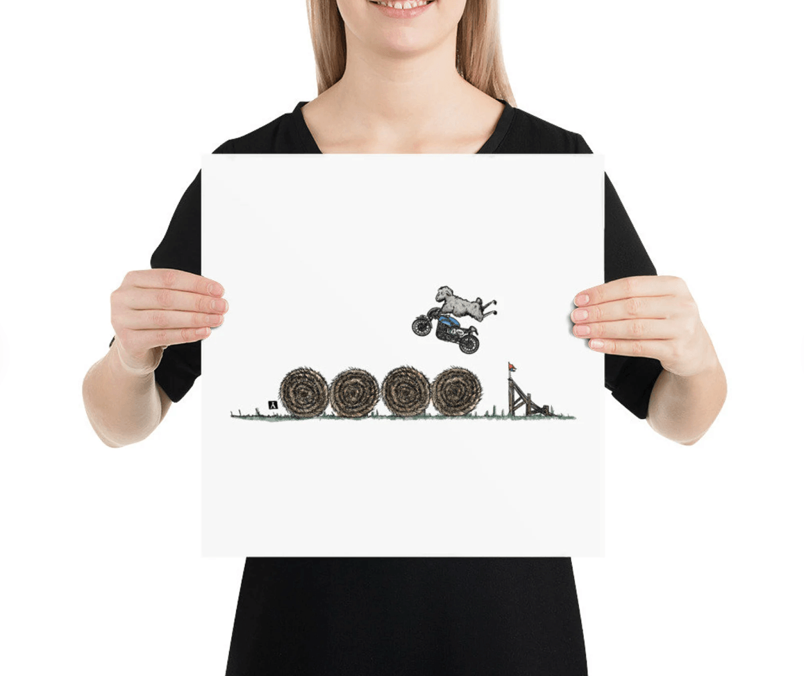 BellavanceInk: Pen & Ink/Watercolor With Stunt Sheep Jumping Hay Bales On Their Cafe Racer Motorcycle Print - BellavanceInk