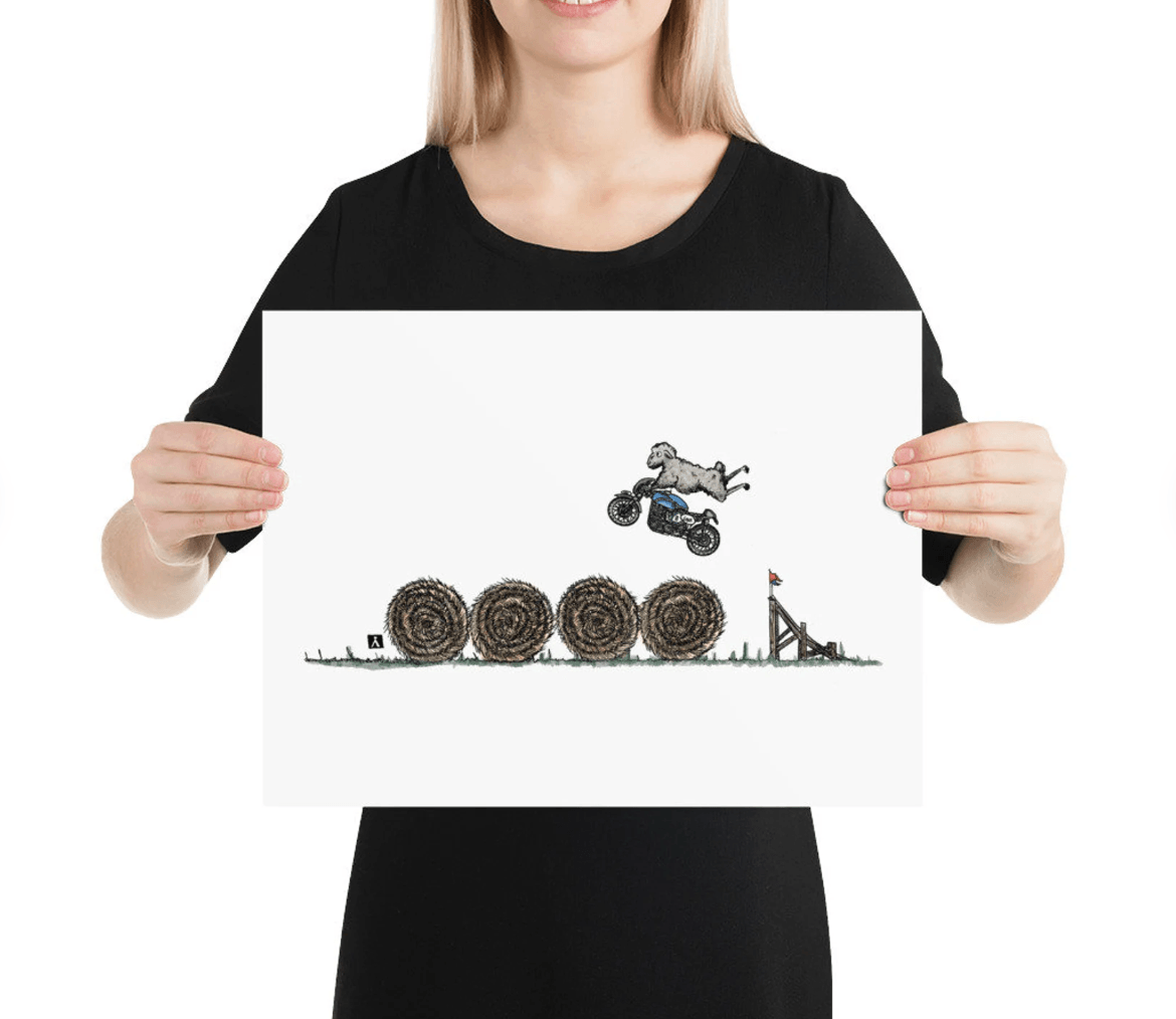 BellavanceInk: Pen & Ink/Watercolor With Stunt Sheep Jumping Hay Bales On Their Cafe Racer Motorcycle Print - BellavanceInk
