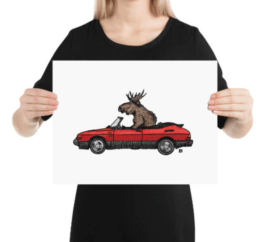 BellavanceInk: Limited Print Pen & Ink/Watercolor Sketch of a Moose Driving A Vintage Saab 900S Swedish Sedan Inactive - BellavanceInk