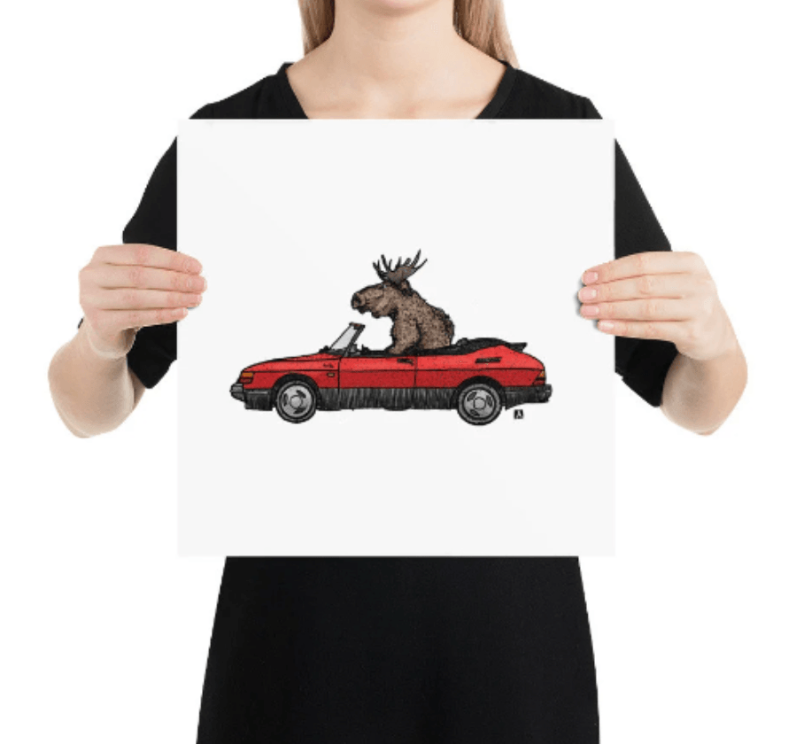 BellavanceInk: Limited Print Pen & Ink/Watercolor Sketch of a Moose Driving A Vintage Saab 900S Swedish Sedan Inactive - BellavanceInk