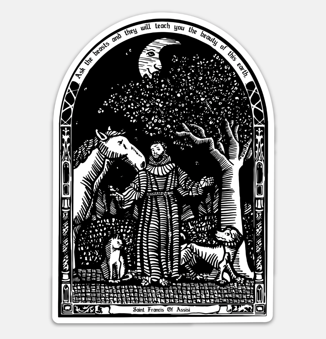 BellavanceInk: Saint Francis Of Assisi Patron Saint of Pets Wood Cut Style Illustration On A Vinyl Sticker