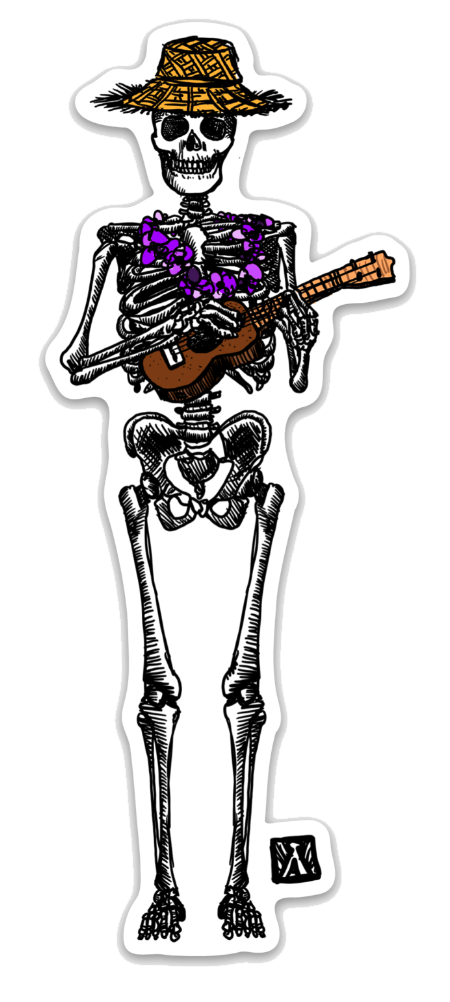 BellavanceInk: Pen And Ink Skeleton Playing The Ukulele Hand Drawn Illustration