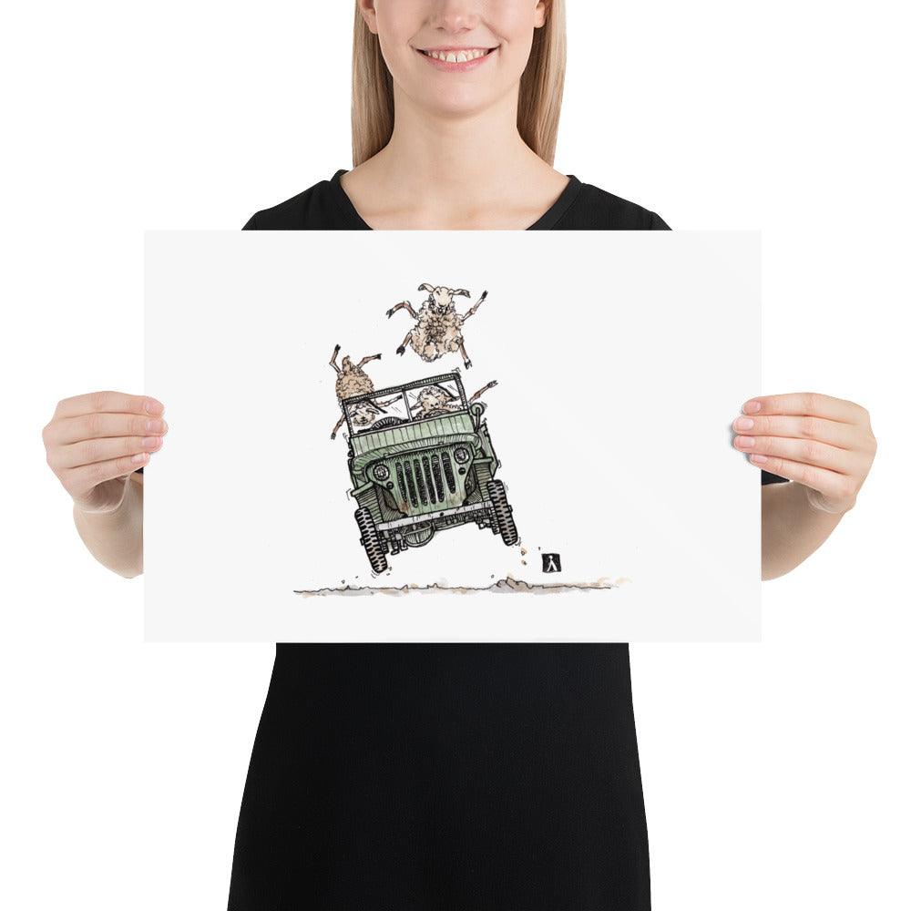 BellavanceInk: Pen & Ink/Watercolor Of Sheep Rumbling Down The Road In Their Jeep - BellavanceInk