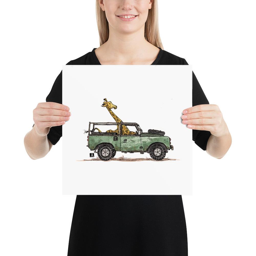 BellavanceInk: Pen & Ink/Watercolor OF A Giraffe On Safari In Their Land Rover With Limited Print - BellavanceInk