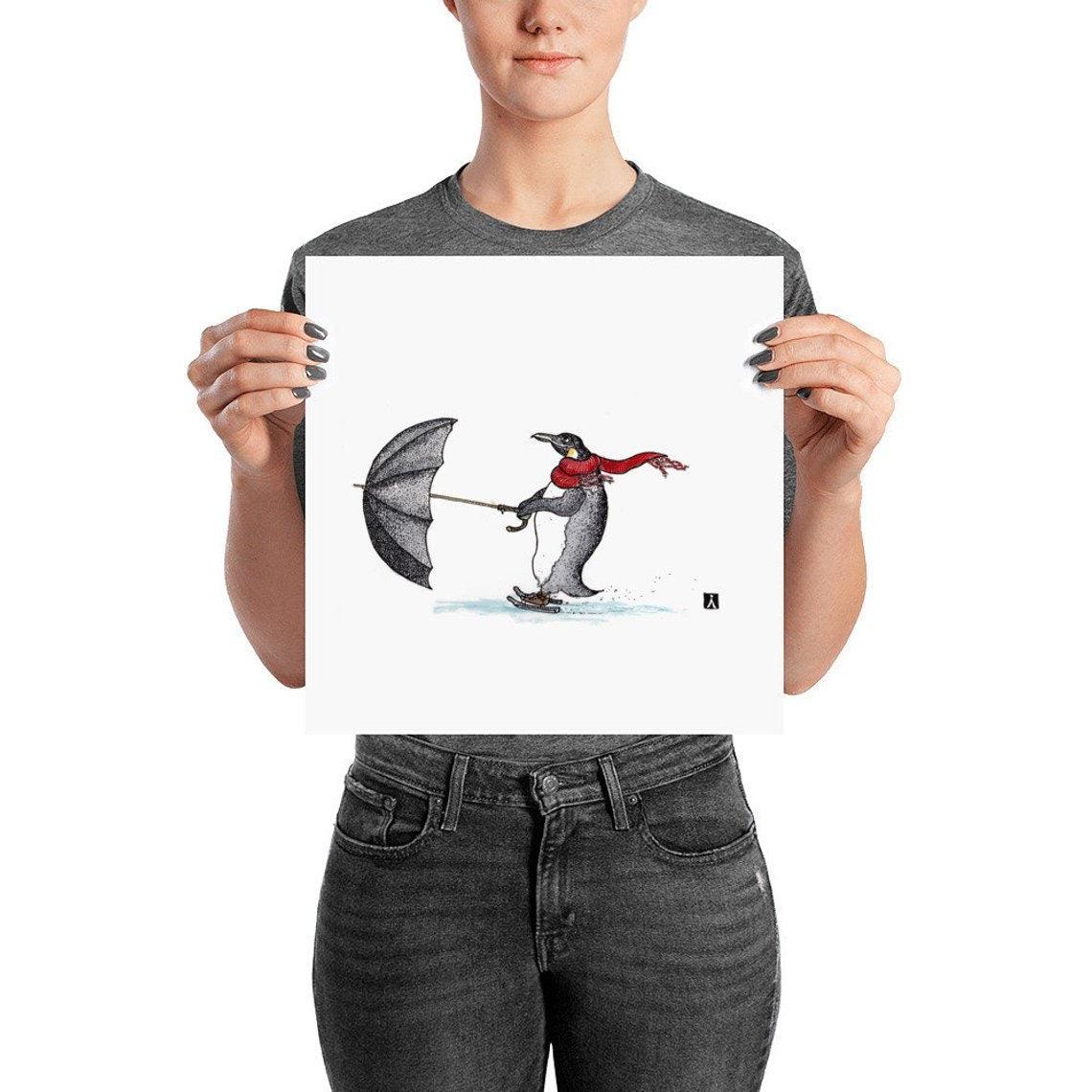 BellavanceInk: Pen & Ink Drawing of Penguin and His Umbrella Ice Skating (Limited Prints Also Available) - BellavanceInk