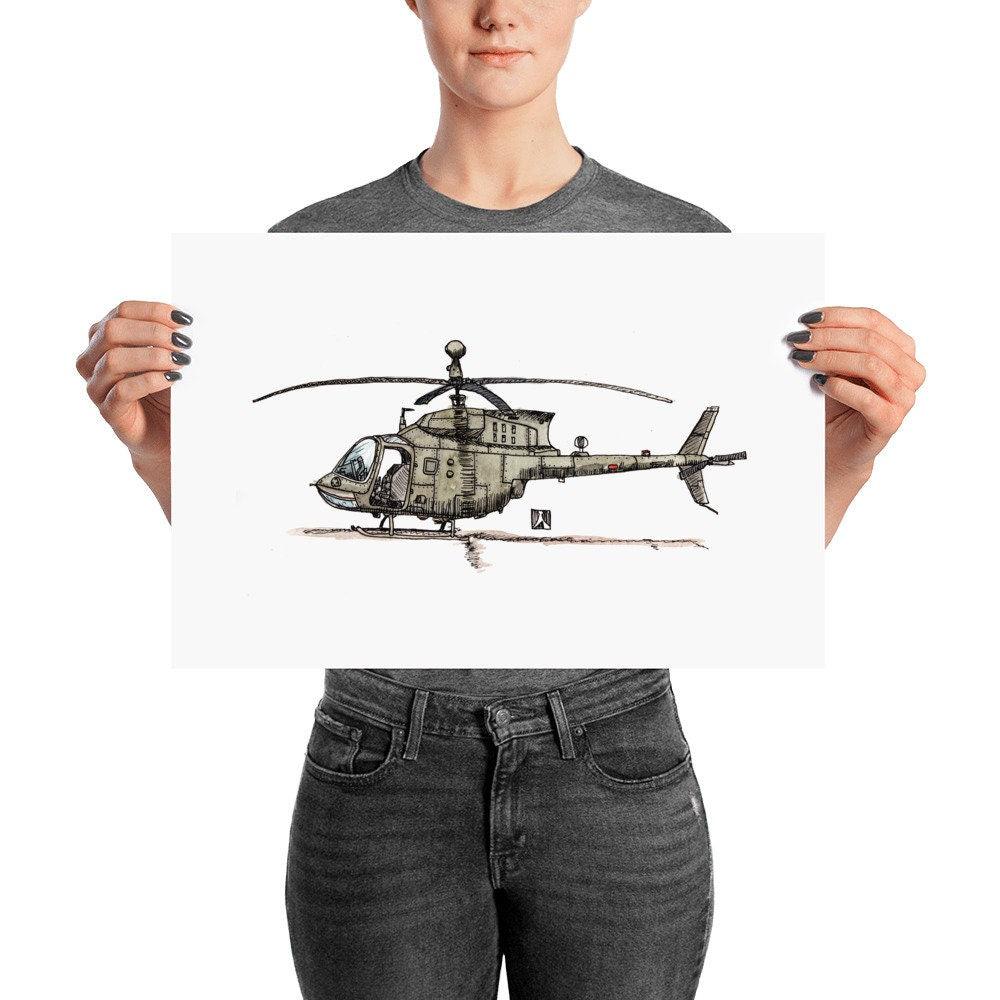 BellavanceInk: Pen & Ink Drawing/Watercolor of a OH-58 Kiowa Helicopter (Limited Prints Also Available) - BellavanceInk