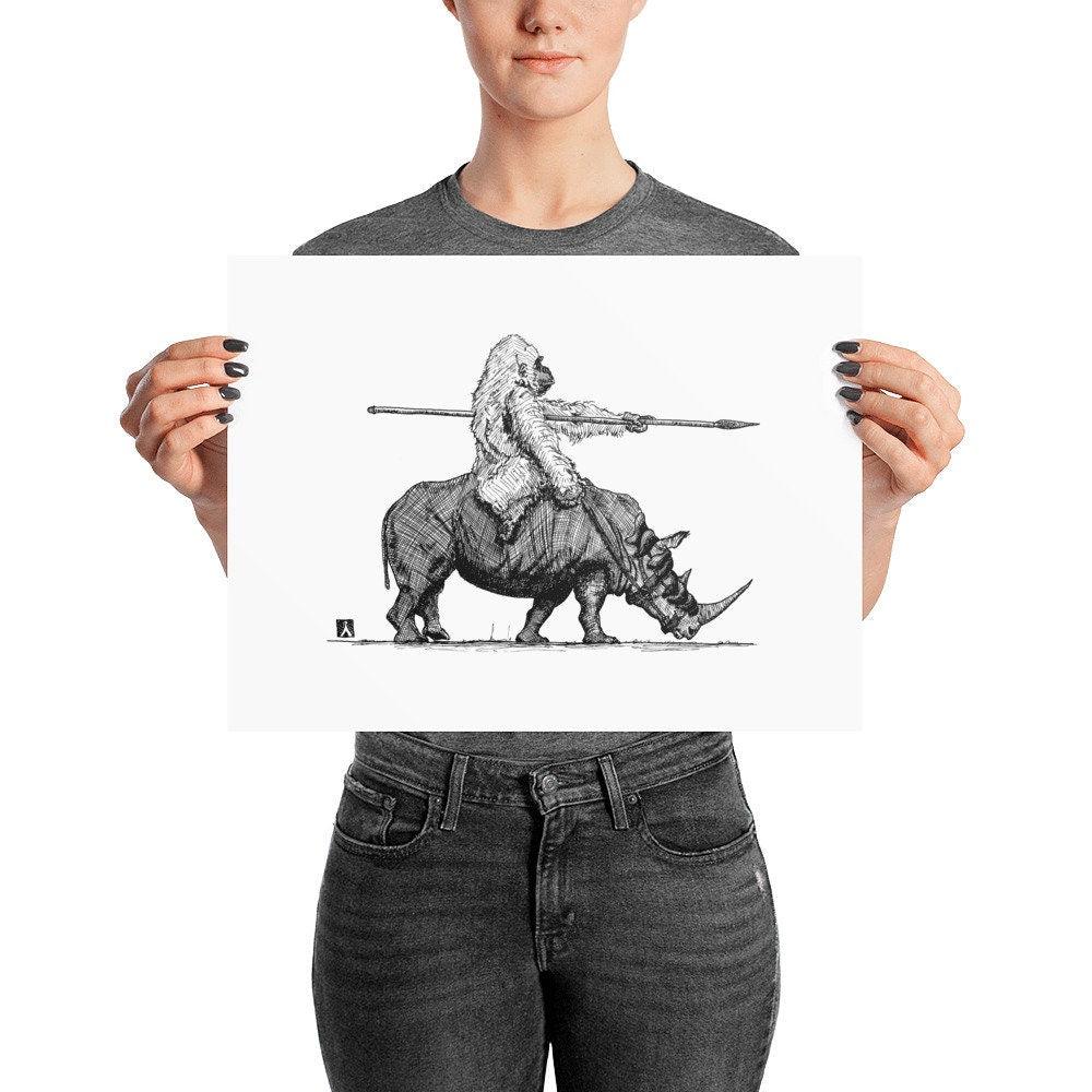 BellavanceInk: Pen & Ink Drawing of Gorilla Riding a War Rhino Print - BellavanceInk