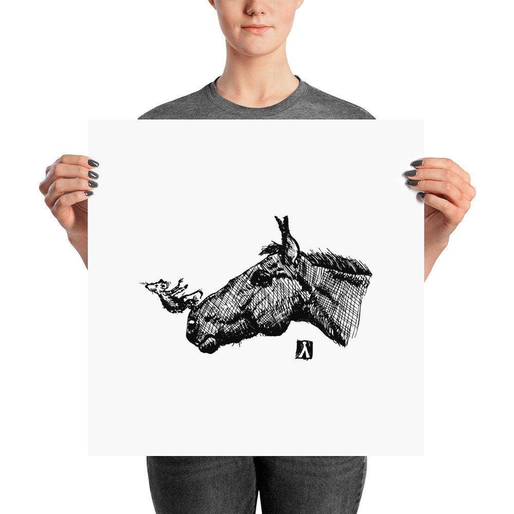 BellavanceInk: Pen & Ink Drawing of a Mouse Jumping Off Of A Horses Nose Print - BellavanceInk