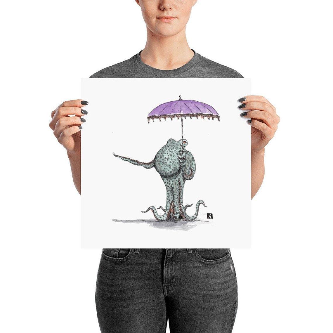 BellavanceInk: Pen & Ink Drawing of Octopus Holding a Umbrella Parasol - BellavanceInk