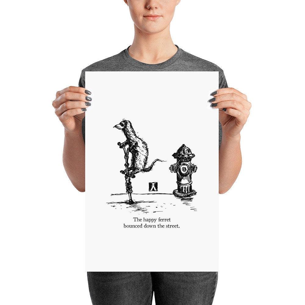 BellavanceInk: Pen & Ink Print of a Ferret Bouncing Down the Street on a Pogo Stick - BellavanceInk