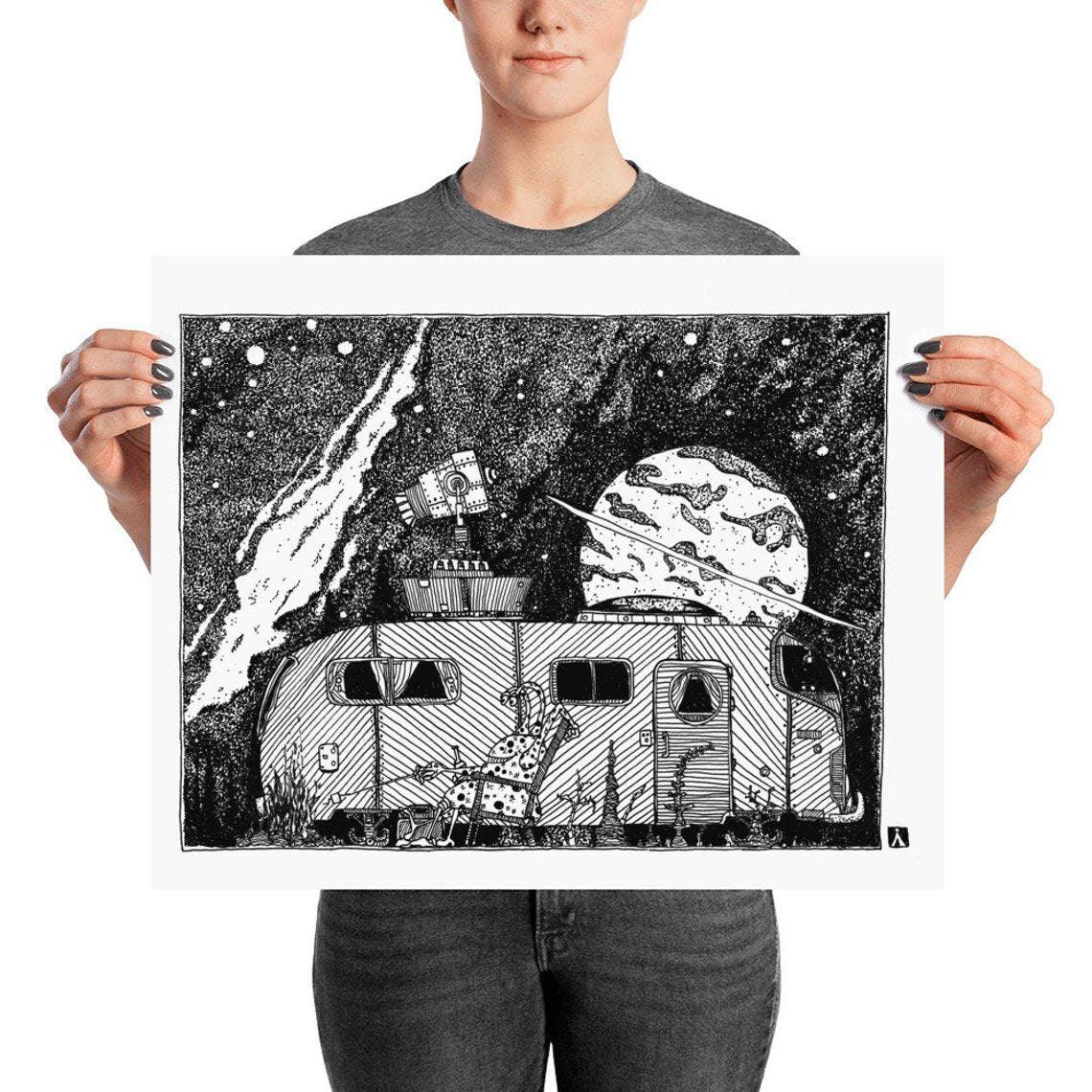 BellavanceInk: Original Pen & Ink Drawing of a Alien UFO Camping (Prints Also Available) - BellavanceInk