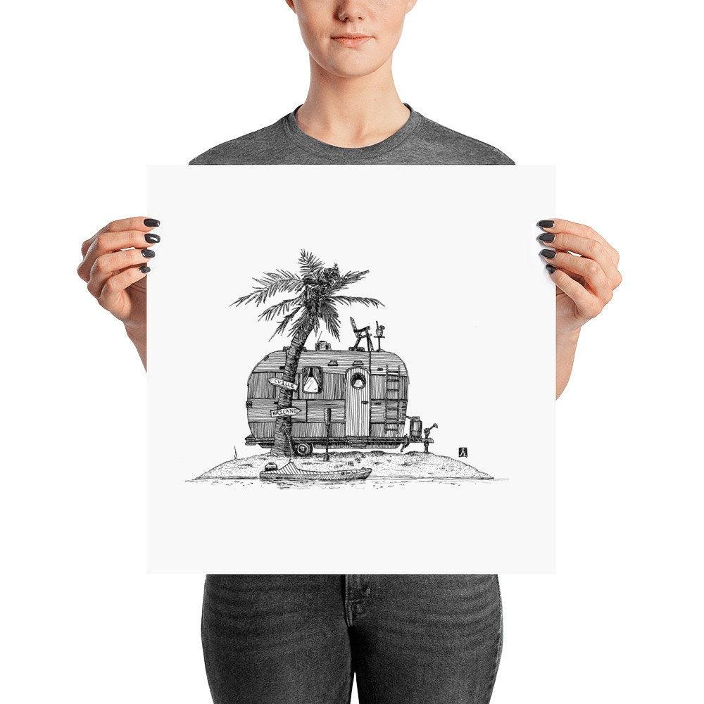 BellavanceInk: Pen & Ink Print of a Vacation Trailer on a Deserted Island - BellavanceInk