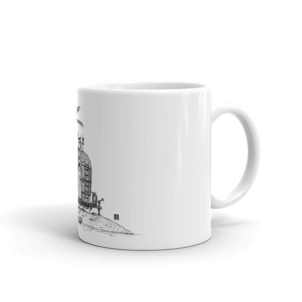 BellavanceInk: Coffee Mug With Vintage Trailer On Deserted Vacation Island Pen & Ink Sketch - BellavanceInk
