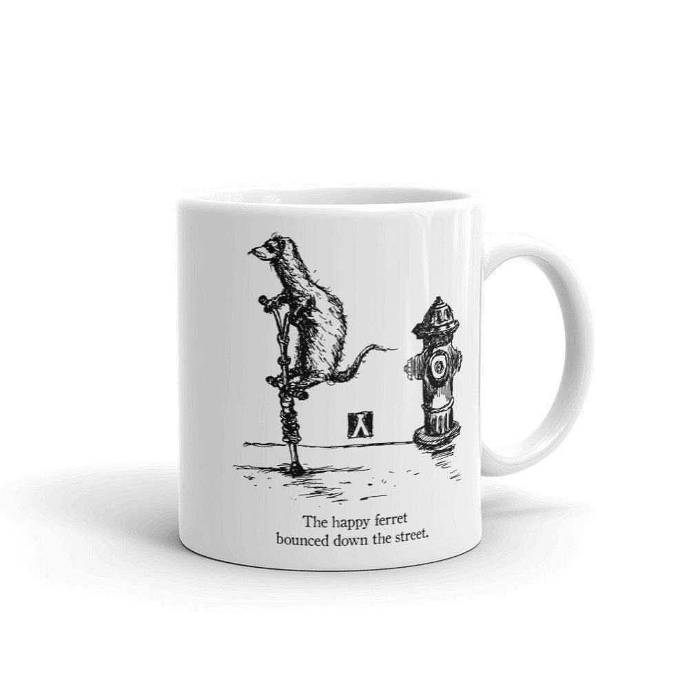 BellavanceInk: Coffee Mug With A Happy Ferret On A Pogo Stick Pen & Ink Sketch - BellavanceInk