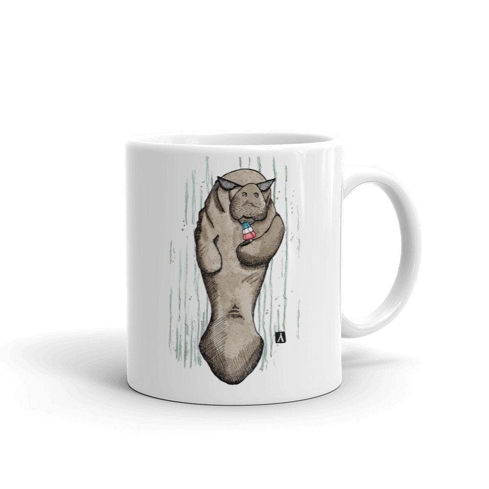 BellavanceInk: Coffee Mug With Manatee Holding a Popsicle Pen & Ink Sketch With Watercolor Design - BellavanceInk