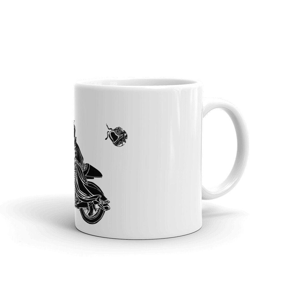 BellavanceInk: Coffee Mug With Victorian Lady Riding a Cafe Racer Motorcycle And Losing Her Helmet - BellavanceInk