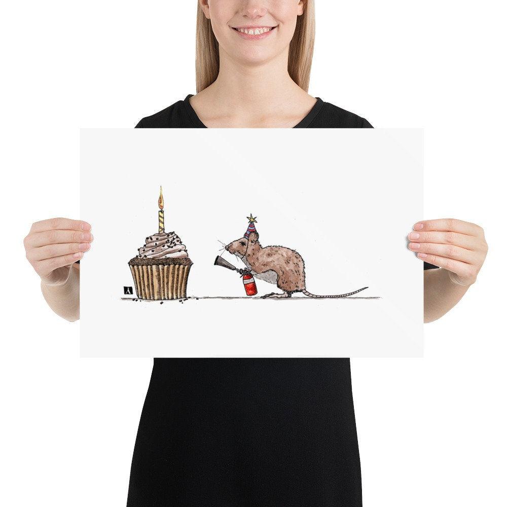 BellavanceInk: Pen & Ink/Watercolor Of Birthday Mouse and Cupcake Limited Print - BellavanceInk