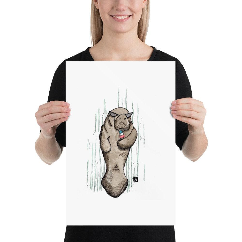 BellavanceInk: Pen & Ink/Watercolor Manatee With A Popsicle Limited Print - BellavanceInk