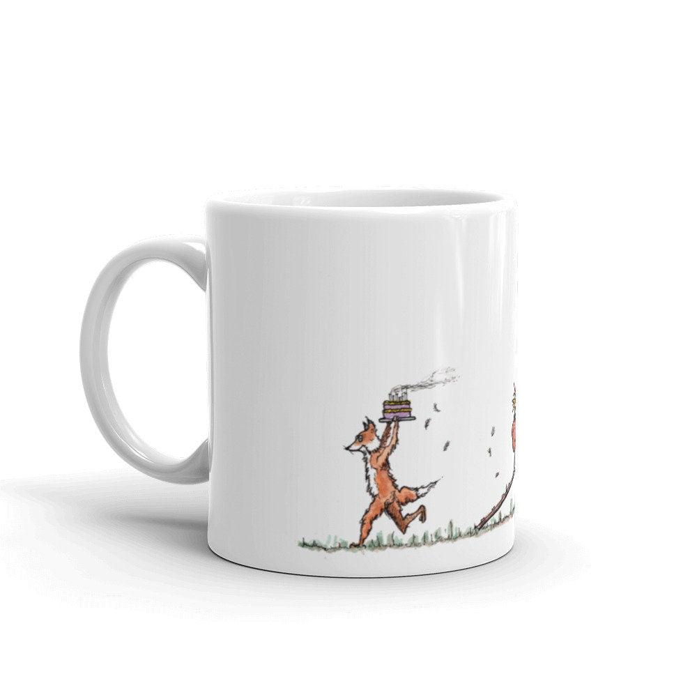 BellavanceInk: White Coffee Mug With Crafty Fox Stealing the Hens Birthday Cake - BellavanceInk