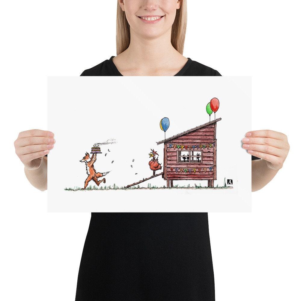 BellavanceInk: Pen & Ink/Watercolor Print Of Crafty Fox Stealing The Hens Birthday Cake And Balloon - BellavanceInk
