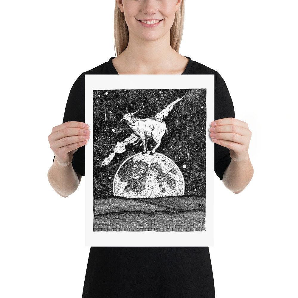 BellavanceInk: Pen & Ink Drawing of Cosmic Goat On The Moon At Mid-Night - BellavanceInk