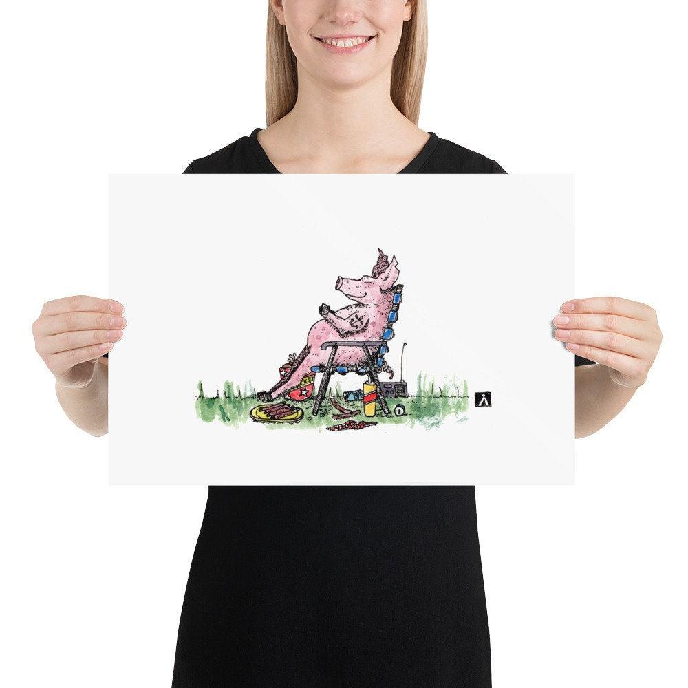 BellavanceInk: Pen & Ink Watercolor of Stuffed Pig Napping After His Picnic Print - BellavanceInk