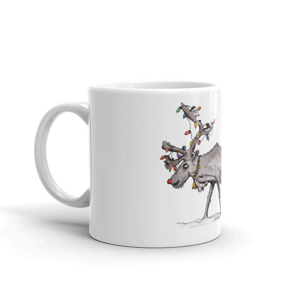 BellavanceInk: Christmas Coffee Mug With Rudolph The Red Nose Reindeer And Christmas Lights Pen/Ink Watercolor - BellavanceInk