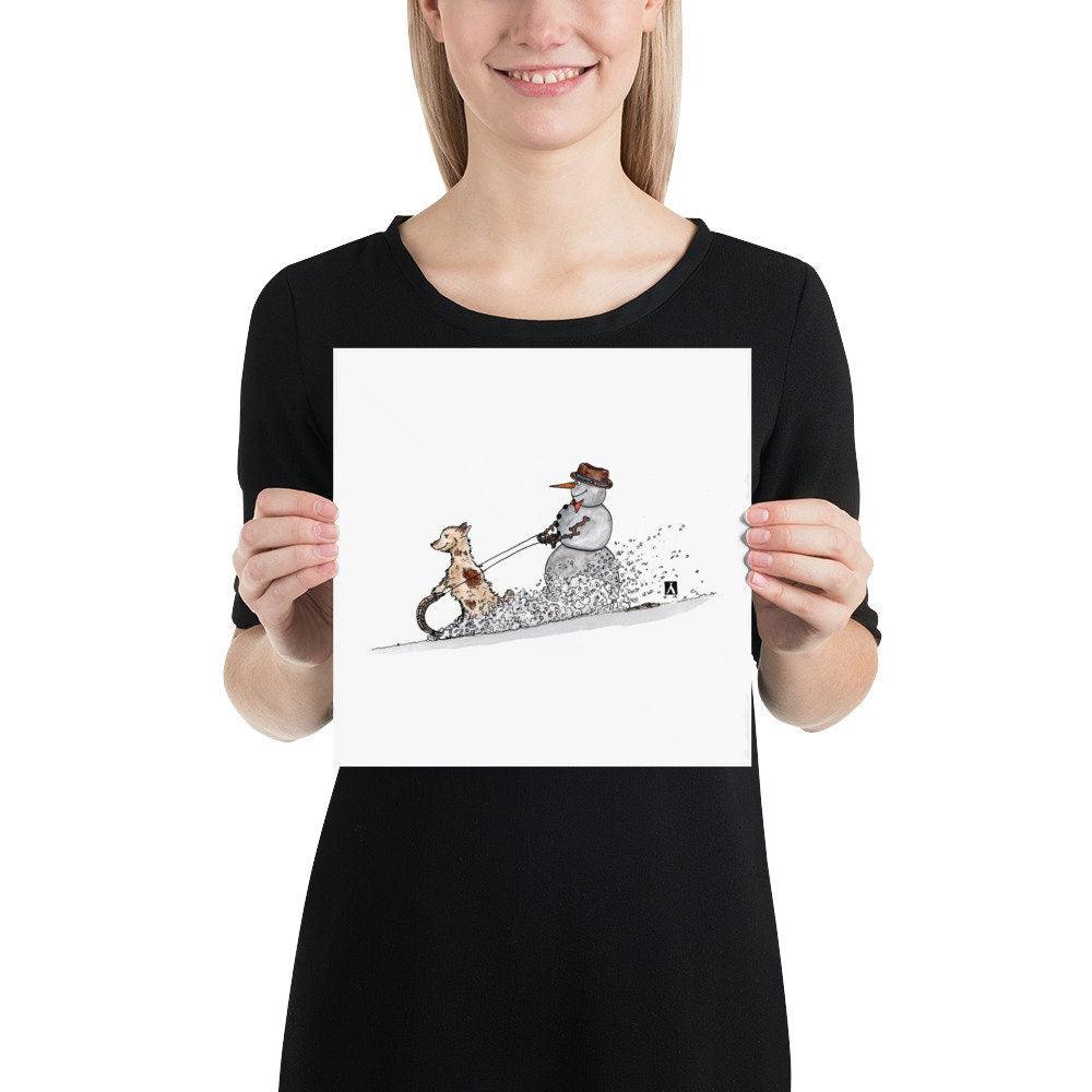 BellavanceInk: Pen & Ink/Watercolor With Snowman And Little Dog Tobogganing Down A Hill Limited Print - BellavanceInk