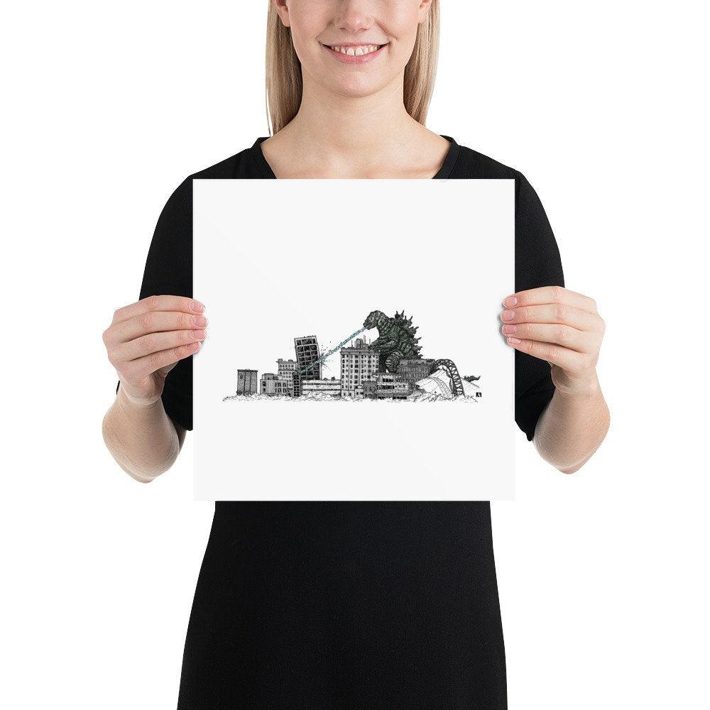 BellavanceInk: Pen And Ink Sketch Print of Large Monster Lizard Attacking the Abandoned Landmark Hotel in Charlottesville Virginia - BellavanceInk