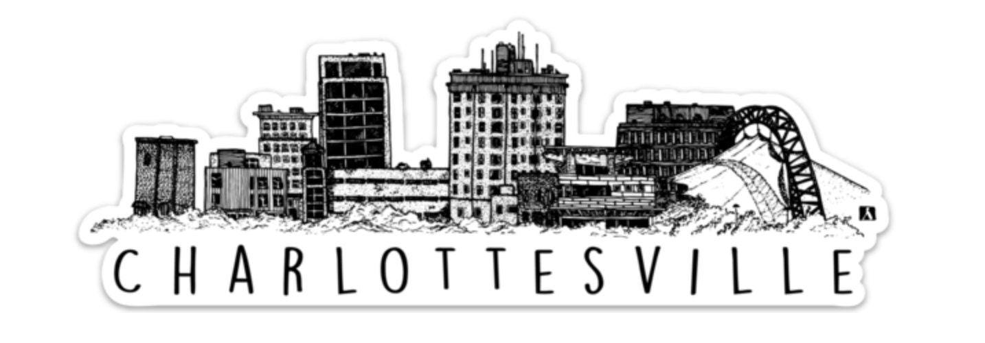 BellavanceInk: Charlottesville City Vinyl Sticker With Skyline View Pen and Ink Illustration - BellavanceInk