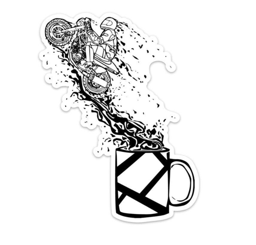 BellavanceInk: Motorcycle Rider Jumping Out Of A Full Coffee Cup Vinyl Sticker Illustration - BellavanceInk