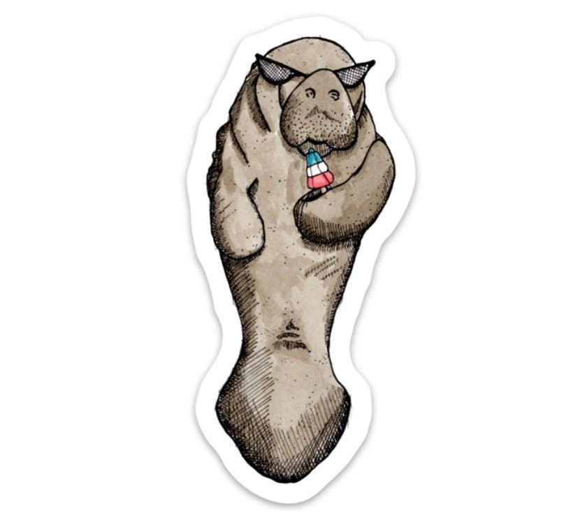 BellavanceInk: Florida Manatee With Rocket Pop Vinyl Sticker Pen and Ink Illustration - BellavanceInk