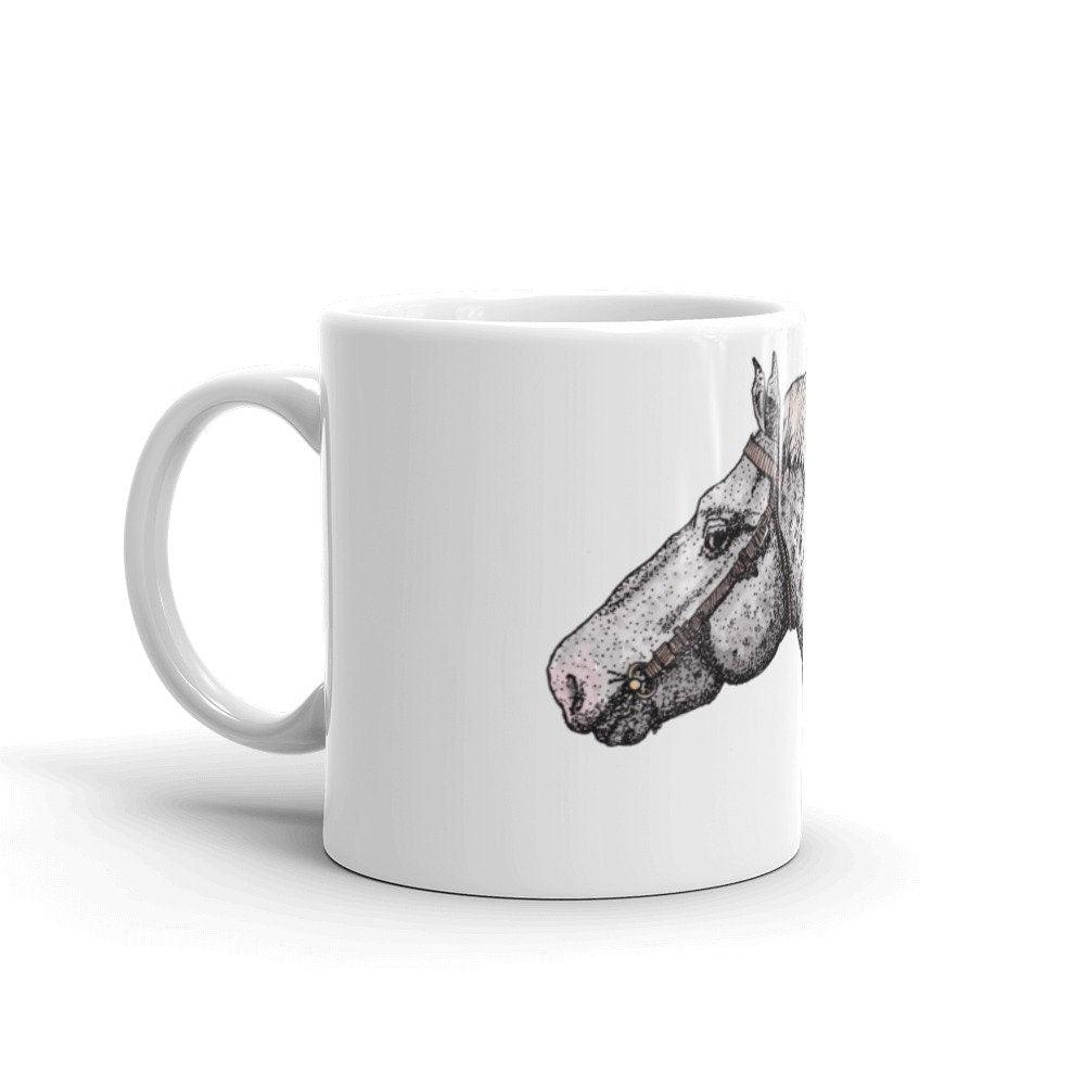 BellavanceInk: White Coffee Mug With Percheron Horse Head Pen & Ink With Watercolor Print - BellavanceInk