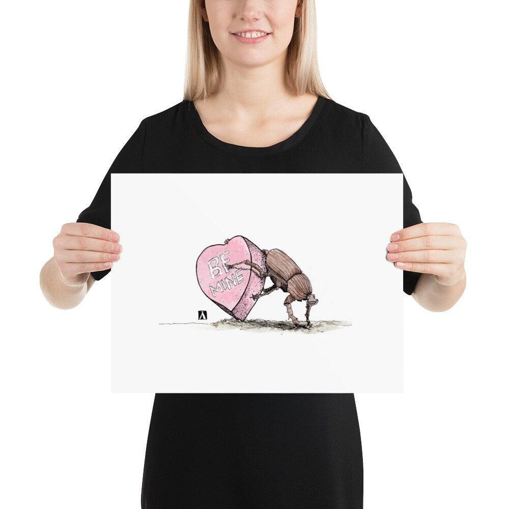BellavanceInk: Limited Print Pen & Ink/Watercolor Sketch of Dung Beetle Pushing A Valentines Day Heart - BellavanceInk