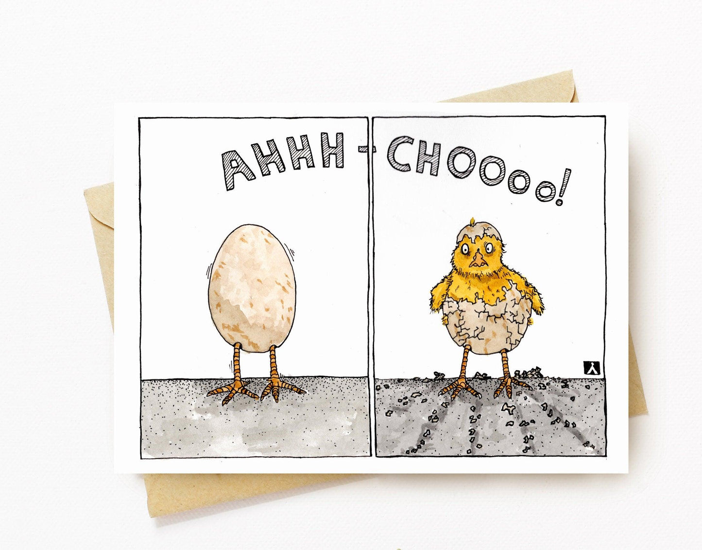 BellavanceInk: Get Well Card With Baby Chick Sneezing Out Of Her Egg Shell 5 x 7 Inches - BellavanceInk