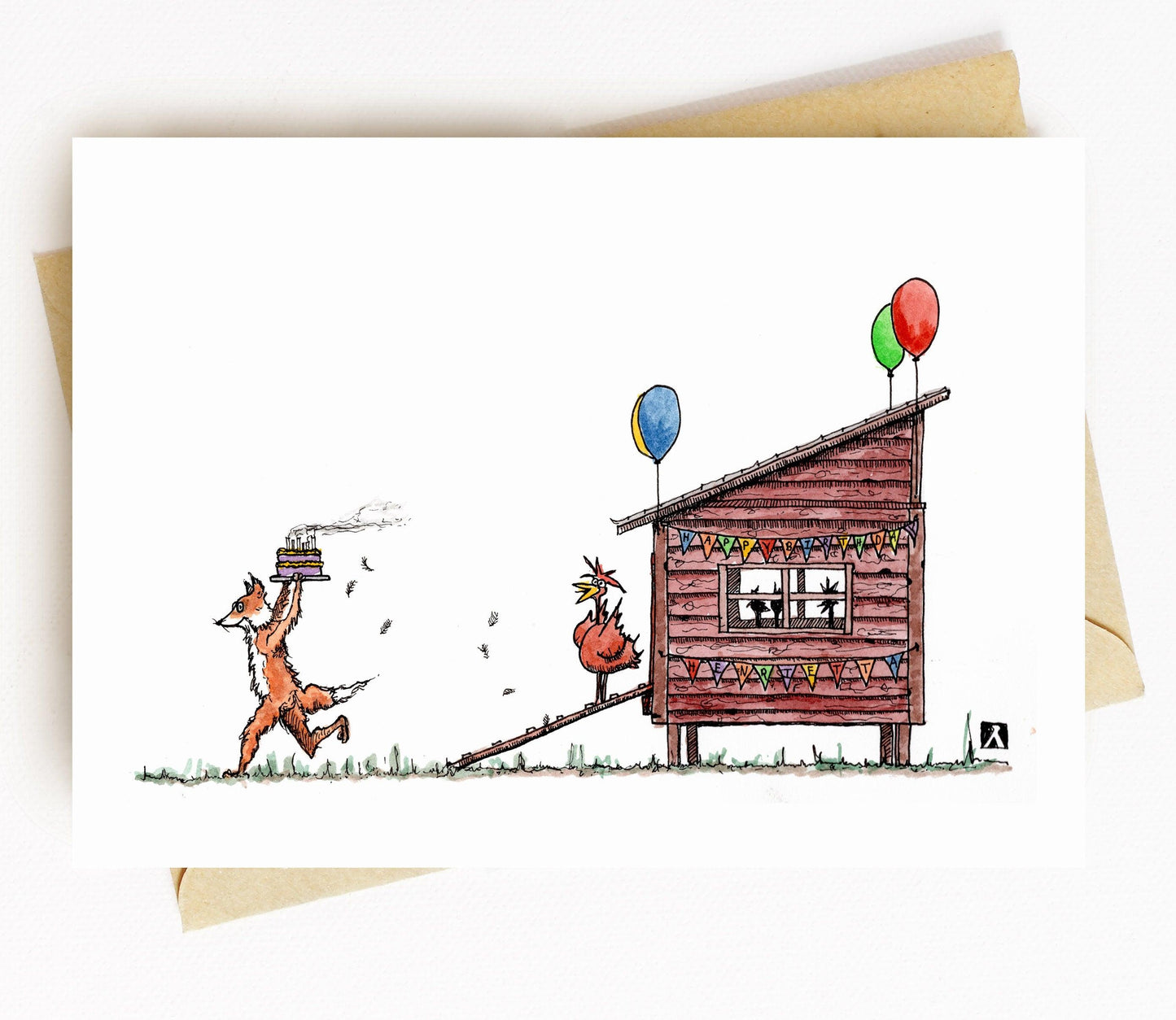 BellavanceInk: Birthday Card With Crafty Fox Stealing The Hens Birthday Cake Pen & Ink Watercolor Illustration 5 x 7 Inches - BellavanceInk