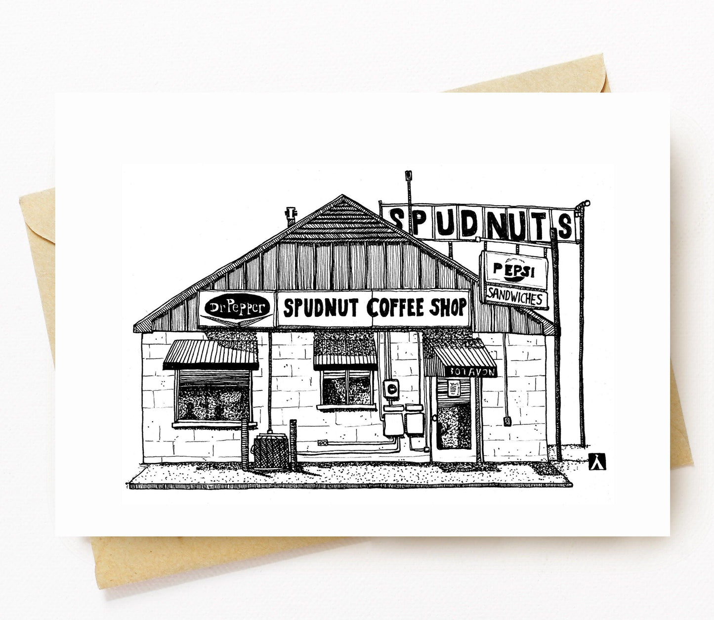 BellavanceInk: Greeting Card With Vintage Charlottesville Spudnuts Restaurant 5 x 7 Inches - BellavanceInk