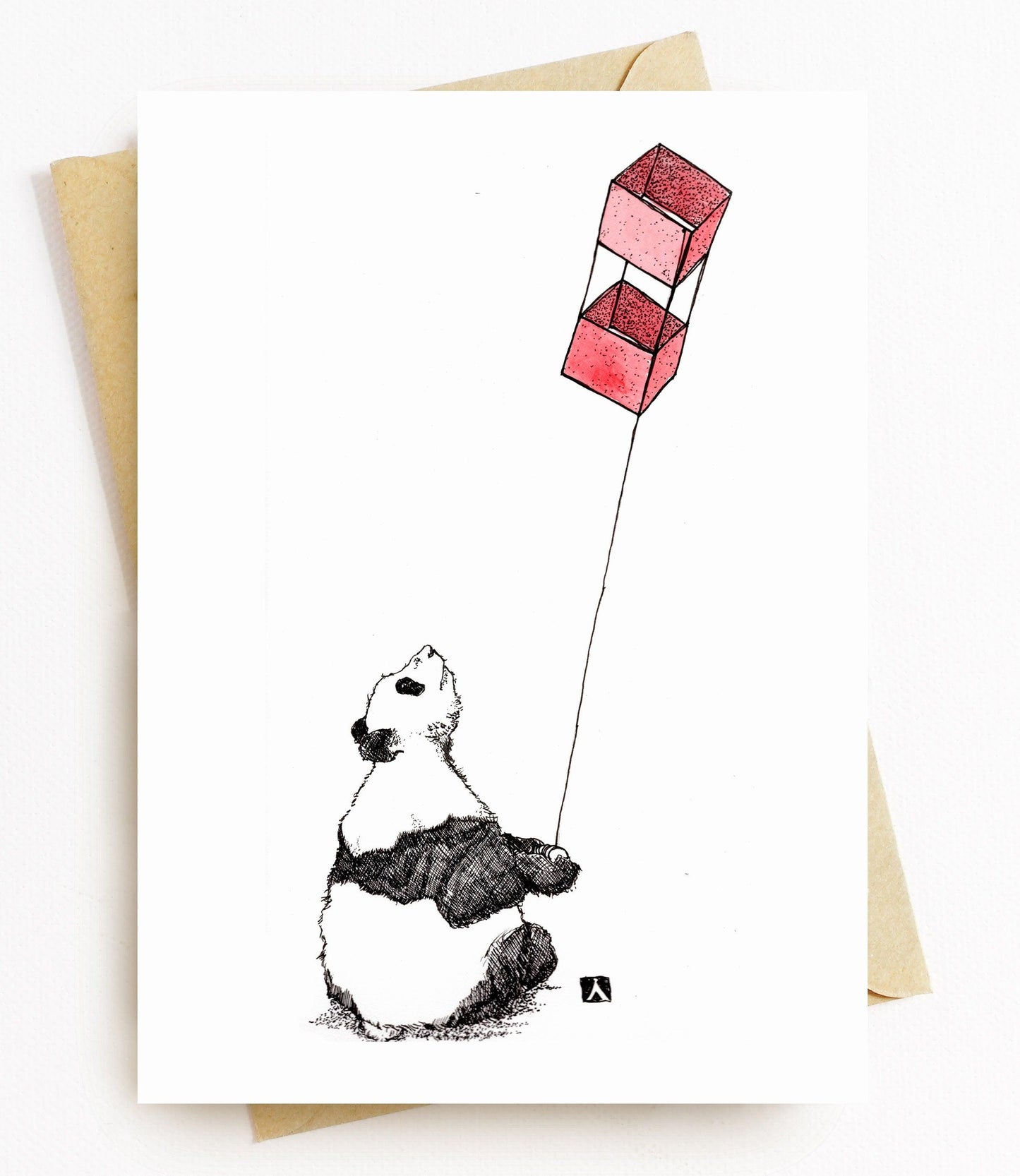 BellavanceInk: Greeting Card With A Pen & Ink Drawing Of A Panda Bear Flying A Red Box Kite 5 x 7 Inches - BellavanceInk