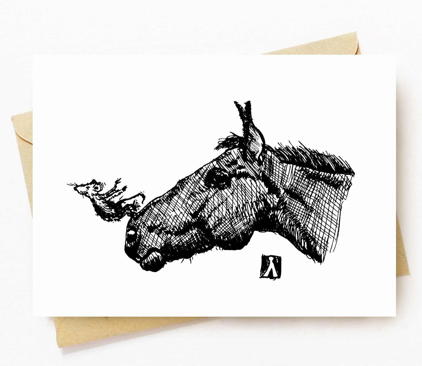 BellavanceInk: Greeting Card With A Pen & Ink Drawing Of Mousing Jumping Off Of A Horses Nose 5 x 7 Inches - BellavanceInk