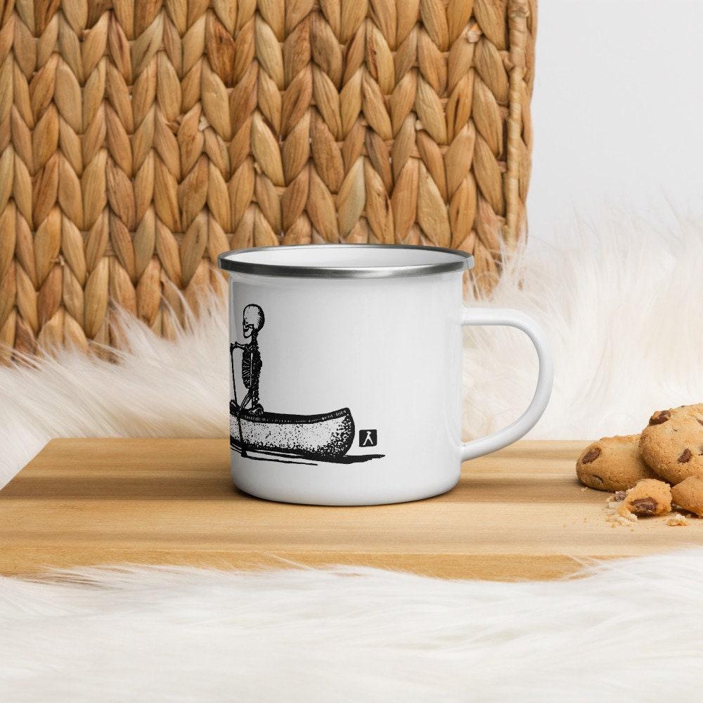BellavanceInk: Enamel Coffee Mug With Pen & Ink Drawing Of Skeleton Family In A Canoe Hand Wash Only - BellavanceInk