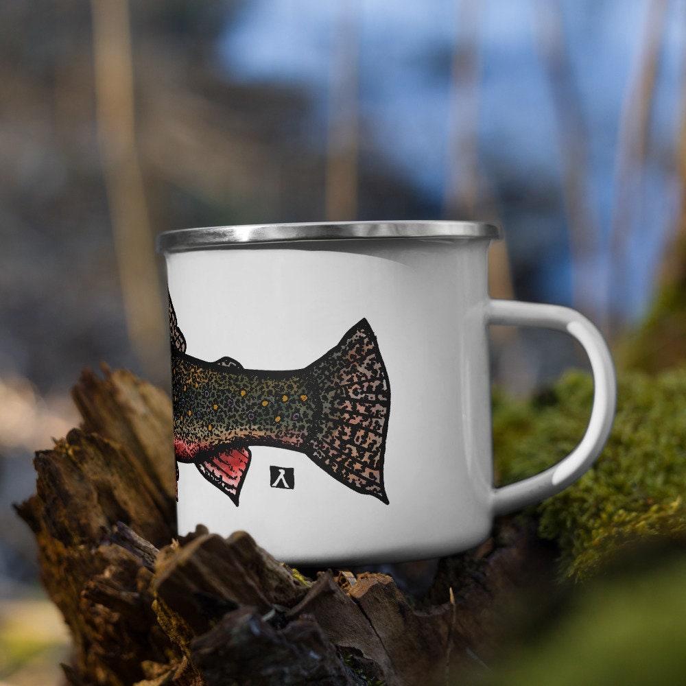 BellavanceInk: Enamel Coffee Mug With Pen & Ink Drawing Of Rainbow Trout Or Brook Trout Hand Wash Only - BellavanceInk