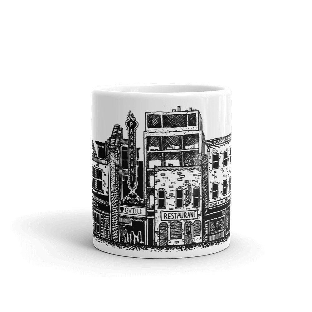 BellavanceInk: Coffee Mug With Pen & Ink Sketch Of Downtown Charlottesville Popular Shops - BellavanceInk