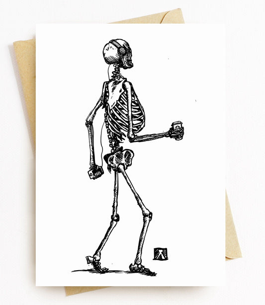 BellavanceInk: Greeting Card With Skeleton Grooving Down The Road And Drinking His Coffee 5 x 7 Inches - BellavanceInk