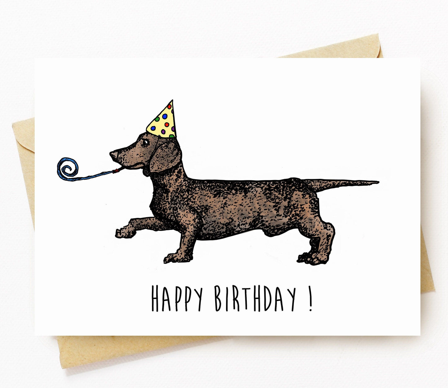 BellavanceInk: Happy Birthday Card With Wiener Dog Dachshund Holding A Birthday Wizzer Graphic 5 x 7 Inches - BellavanceInk