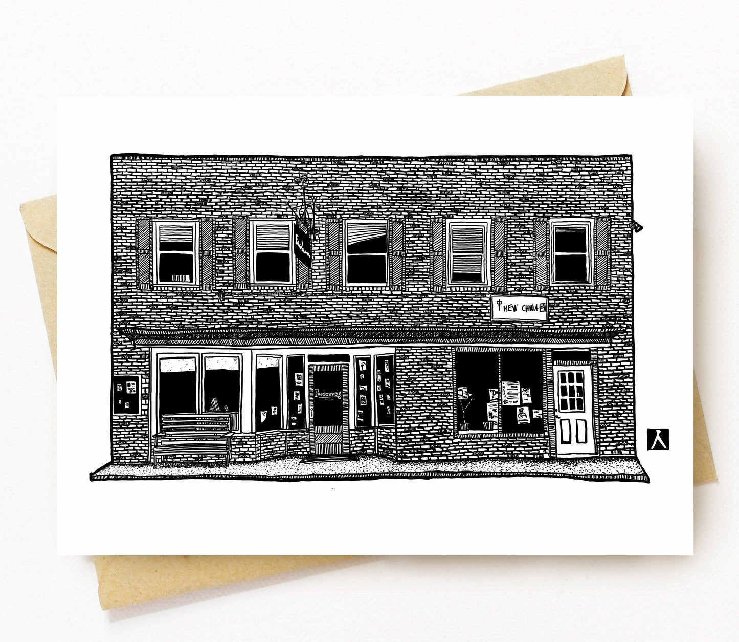 BellavanceInk: Crozet Virginia Fardowner's Restaurant And New China Restaurant Pen And Ink Drawing 5 x 7 Greeting Card - BellavanceInk