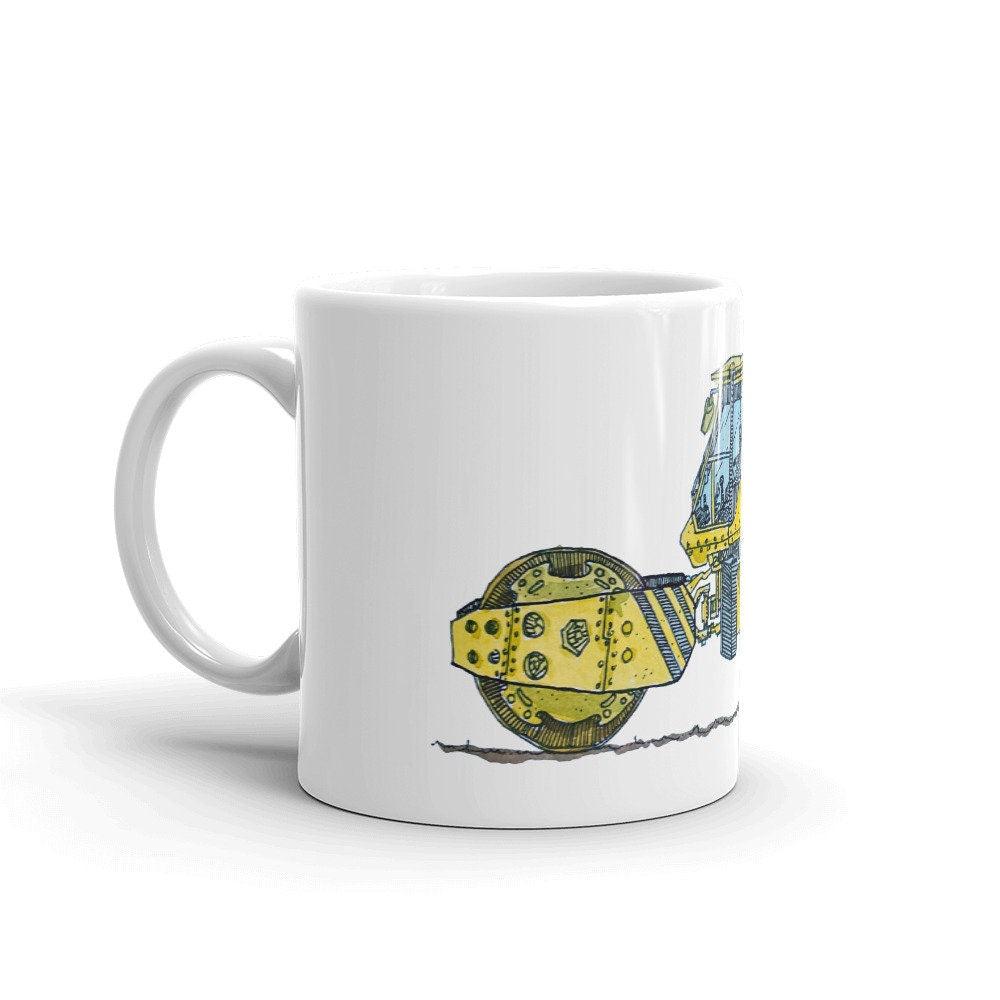 BellavanceInk: Coffee Mug With A Hand Drawn Pen & Ink Drawing Of A Yellow Steam Roller - BellavanceInk