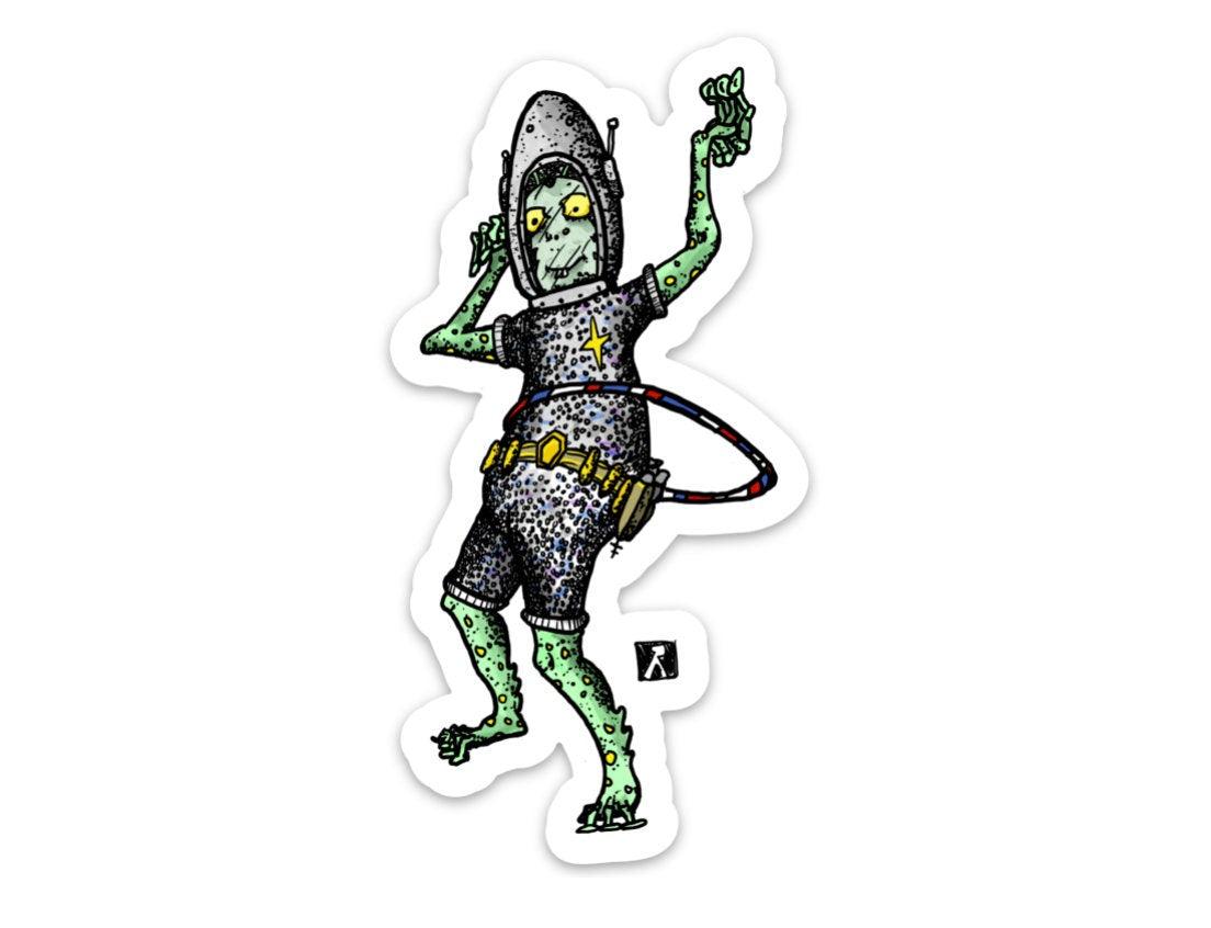 BellavanceInk: UFO Extra Terrestrial Alien Hula Hooping Vinyl Sticker Illustration - BellavanceInk