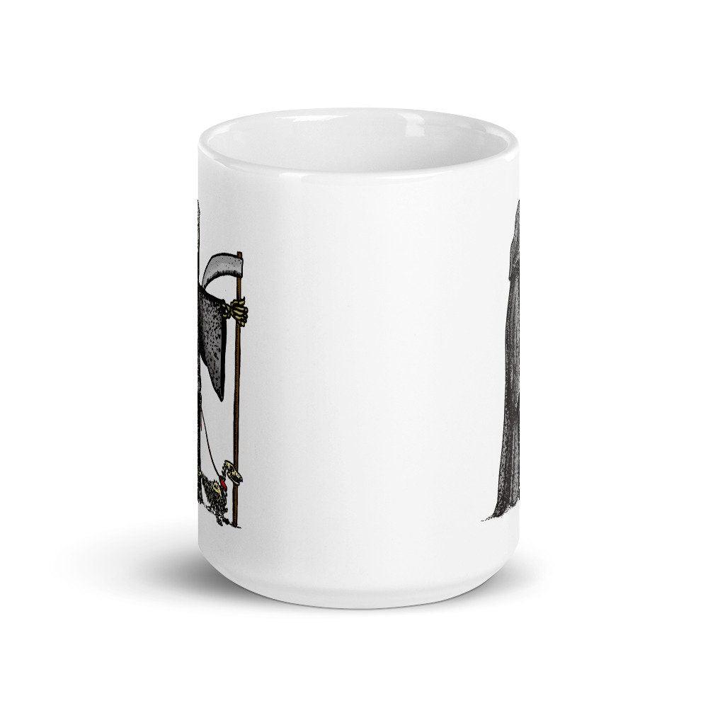 BellavanceInk: White Coffee Mug With The Grim Reaper Walking His Dog - BellavanceInk