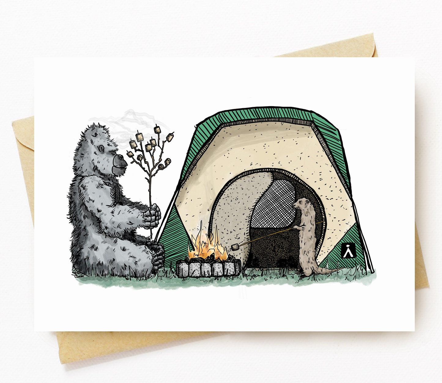 BellavanceInk: Greeting Card With Pen & Ink Drawing of a Gorilla And An Otter Roasting Marshmallows While Camping 5 x 7 Inches - BellavanceInk