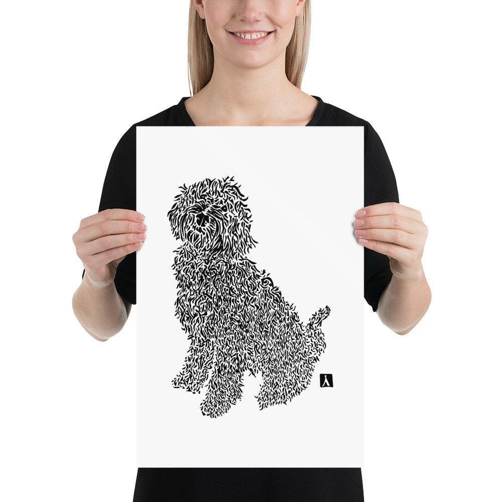 BellavanceInk: Pen & Ink Drawing of Sitting Labradoodle Dog - BellavanceInk